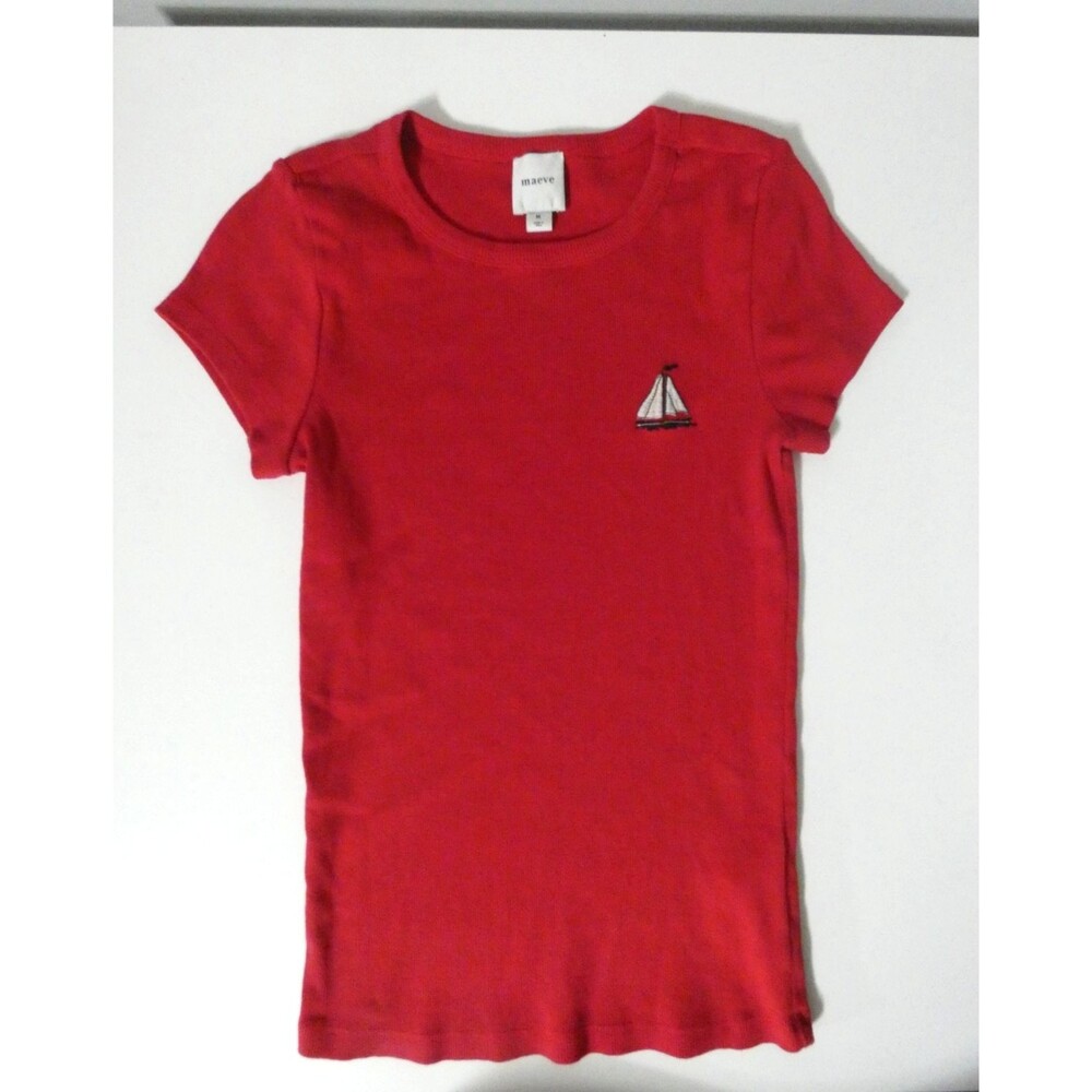 Maeve Anthro Women's M Red Ribbed Sailboat Embroidered T-Shirt Cotton Blend